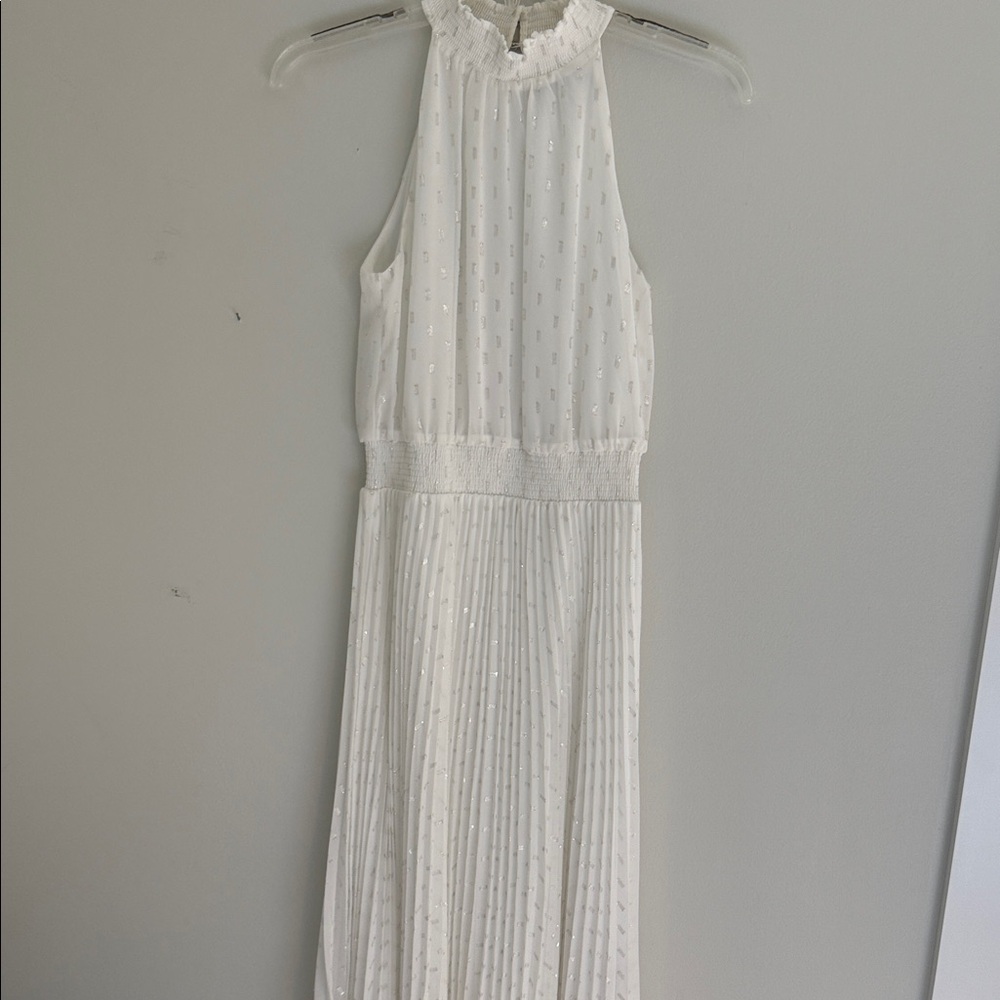 White House Black Market White and silver Halter Maxi Dress with Pleated Skirt
